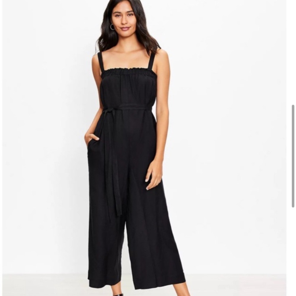 Loft black linen square neck wide leg jumpsuit